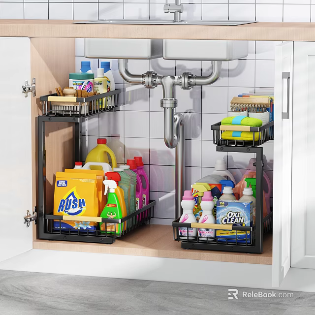Multi Tiered Kitchen Under Sink Storage Shelf Organizer with Cleaning Supplies 3d model 