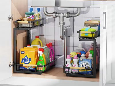 Multi Tiered Kitchen Under Sink Storage Shelf Organizer with Cleaning Supplies 3d model