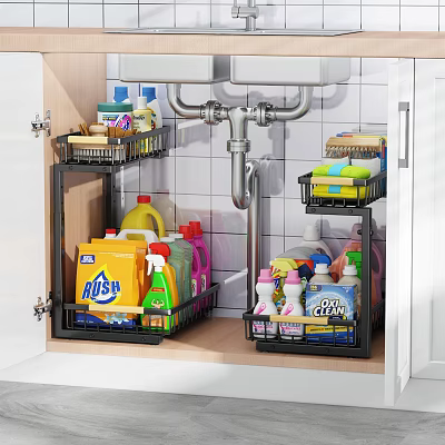 Multi Tiered Kitchen Under Sink Storage Shelf Organizer with Cleaning Supplies 3d model