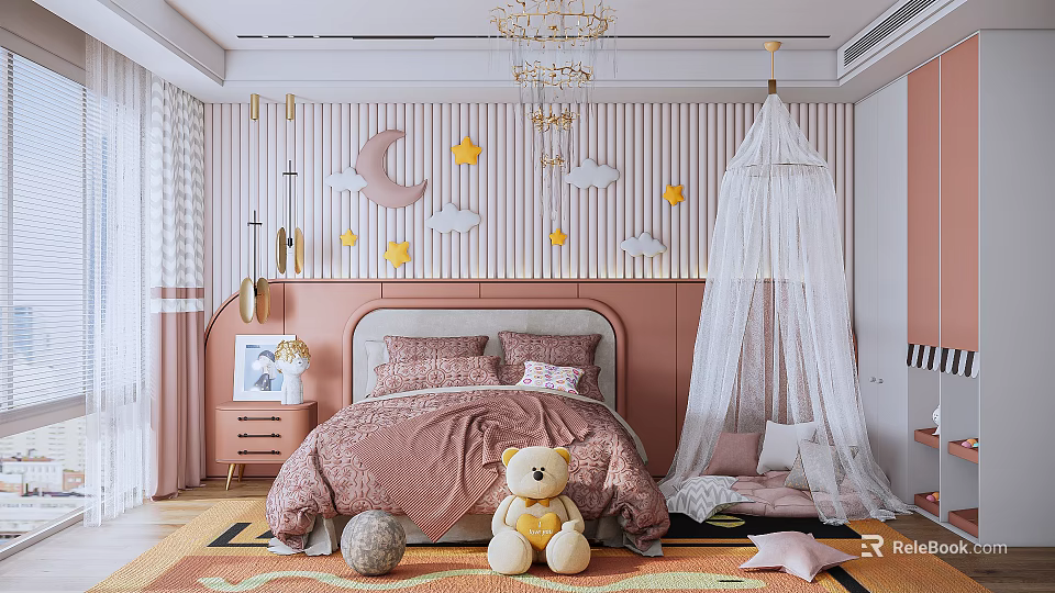 Kids Room Interior With Pink Wall Decor Moon Stars Clouds Chandelier Canopy Bed Teddy Bear 3d model 