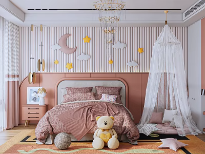 Kids Room Interior With Pink Wall Decor Moon Stars Clouds Chandelier Canopy Bed Teddy Bear 3d model
