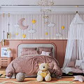 Kids Room Interior With Pink Wall Decor Moon Stars Clouds Chandelier Canopy Bed Teddy Bear