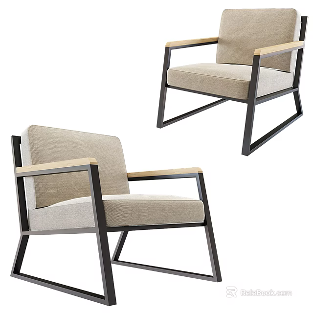 Modern Single Sofa With Wooden Armrests Metal Frame And Light Fabric Stylish Design 3d model 