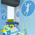 Blue Themed Indoor Sports Fitness Area With Ping Pong Table And Yellow Equipment
