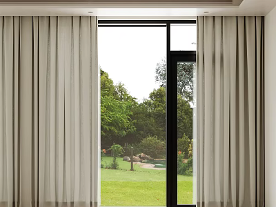 Light Beige Sheer Curtains For Bright Room With Large Window And Green Garden View 3d model