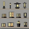 Chinese Style Outdoor Lantern Lights With Black Frame And Patterned Illuminated Design 3d model