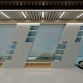 Modern Campus Corridor With Linear Ceiling Lights Plant Shelves Robot And Wooden Benches