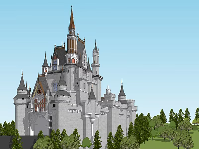 Ancient Castle Architecture With Spires Towers And Surrounding Green Trees 3d model