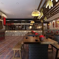 Traditional Restaurant Interior Featuring Wooden Furniture Hanging Lanterns Brick Walls And Wooden Ceiling