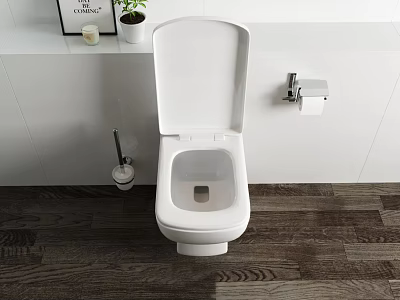 White Toilet With Open Lid Toilet Paper Holder And Brush On Wooden Floor 3d model
