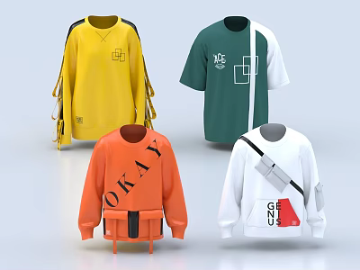 Colorful Casual Sweatshirts In Yellow Green Orange White With Various Patterns And Decorative Straps 3d model