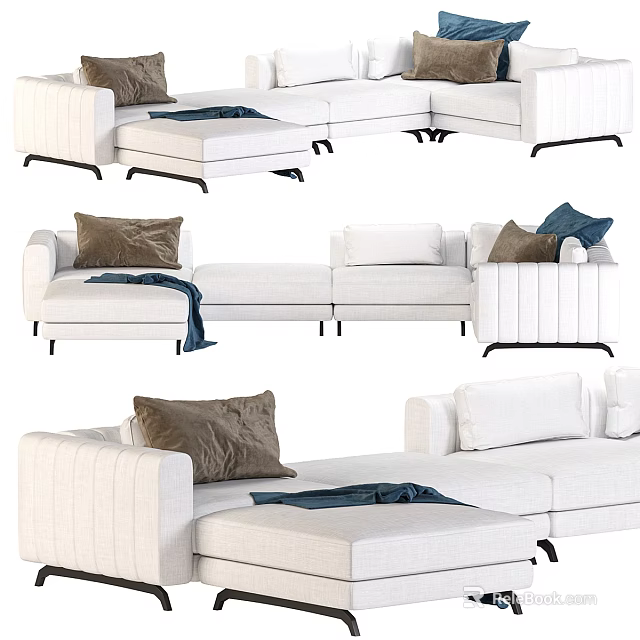 Modern Living Room Sectional Sofa With White Upholstery Brown Pillows And Soft Throw Blanket 3d model 