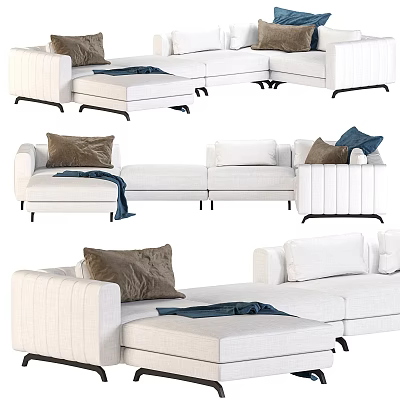 Modern Living Room Sectional Sofa With White Upholstery Brown Pillows And Soft Throw Blanket 3d model