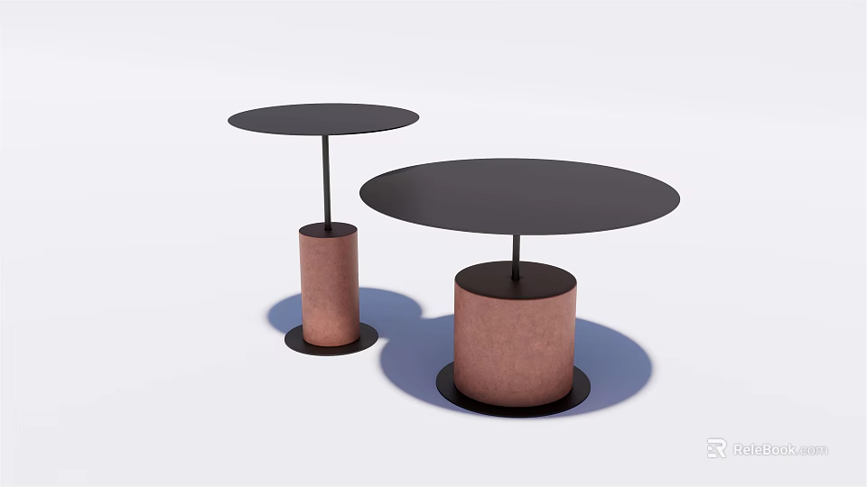 Two Modern Coffee Tables With Round Black Tabletops And Copper Cylindrical Bases 3d model