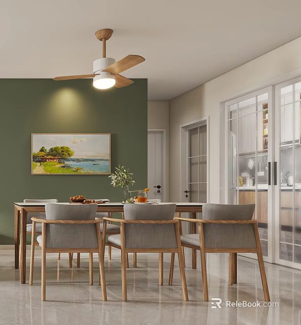 Cozy Restaurant Interior With Green Wall Wooden Ceiling Fan Landscape Painting Dining Table And Chairs 3d model 