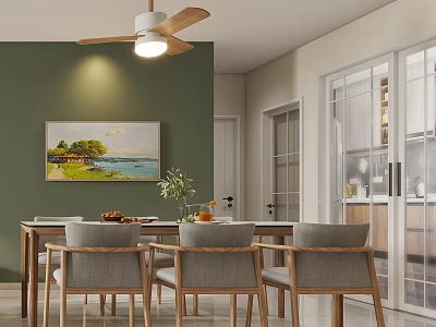 Nordic Restaurant Ceiling Fan Dining Table Log Kitchen sliding door Simple Small Apartment 3d model