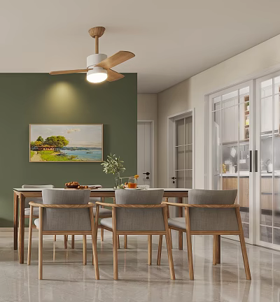 Cozy Restaurant Interior With Green Wall Wooden Ceiling Fan Landscape Painting Dining Table And Chairs 3d model