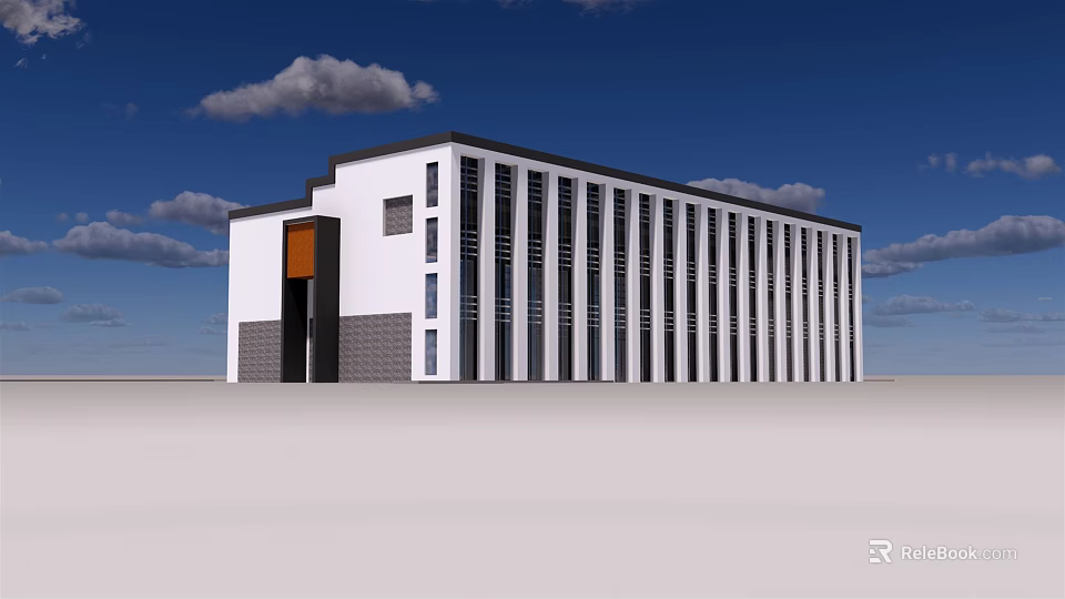 Modern Office Building White Exterior With Black Vertical Stripes Black Entrance And Orange Accent 3d model 