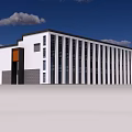 Modern Office Building White Exterior With Black Vertical Stripes Black Entrance And Orange Accent