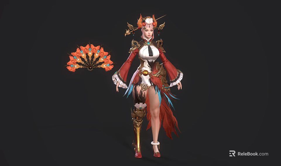 Fantasy Game Character In Red And White Outfit With Golden Ornaments And Orange Black Fan 3d model 