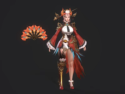 Fantasy Game Character In Red And White Outfit With Golden Ornaments And Orange Black Fan 3d model