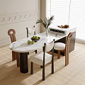 Modern Dining Room Table And Chair Set With Marble Top Black Legs White Cushioned Chairs