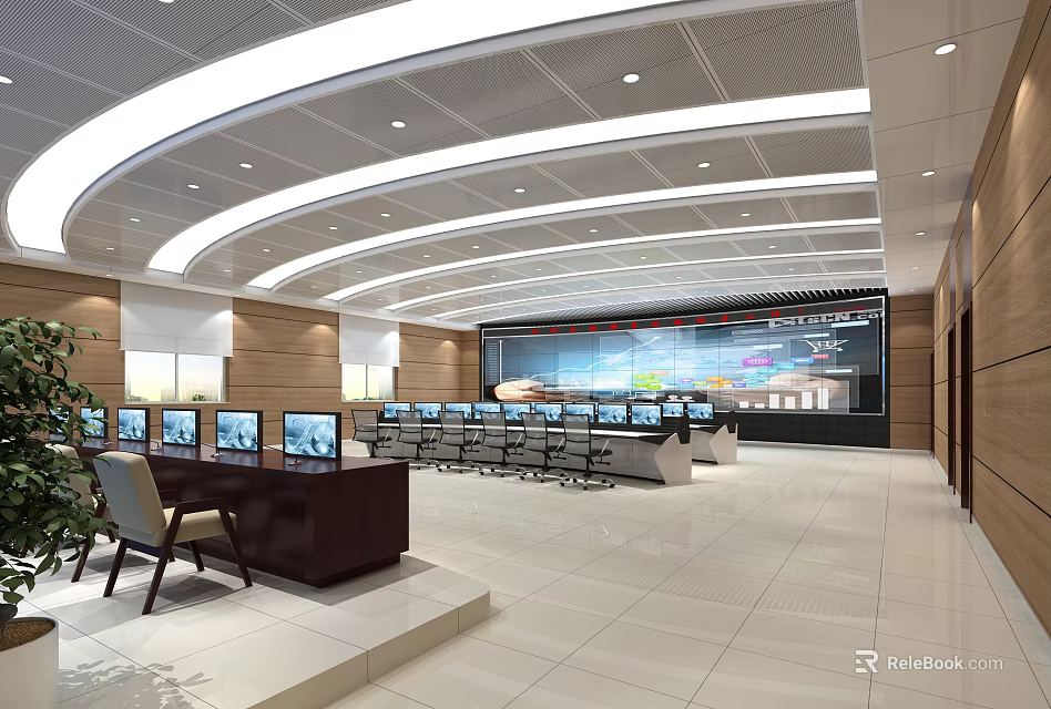Modern Control Room With Multiple Monitors Large Display And Workstations Setup 3d model