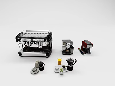 Café Interior Design With Espresso Machine Coffee Cups Coffee Pot And Small Potted Plant 3d model