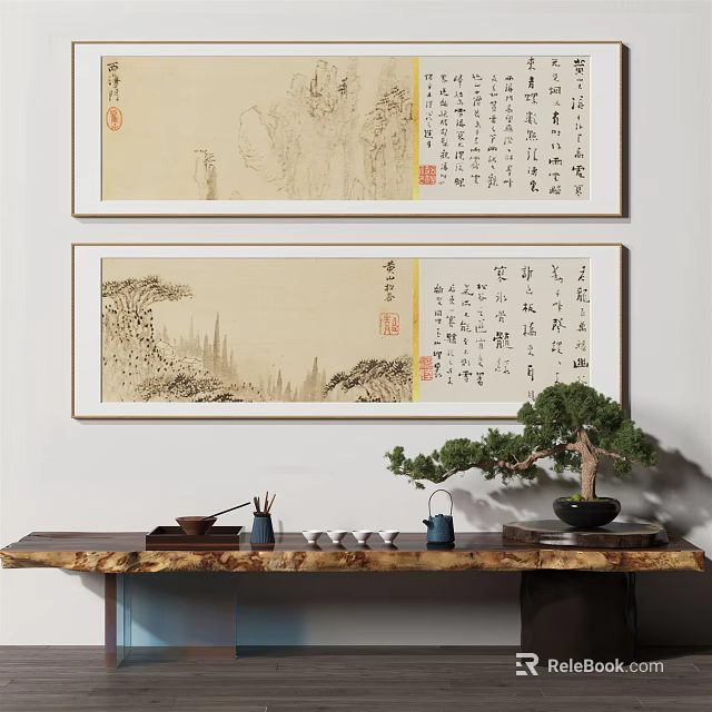 Traditional Chinese Calligraphy Paintings on Wall with Wooden Table Brushes and Bonsai 3d model 