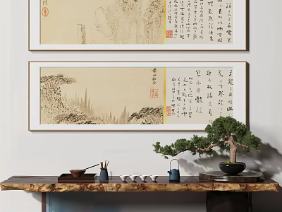 Traditional Chinese Calligraphy Paintings on Wall with Wooden Table Brushes and Bonsai 3d model