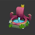 Cute Pink Octopus Shaped Fountain With Crown Green Leaves And White Flowers Water Flowing Design