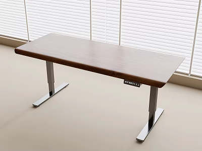 Simple Wooden Desk With Metal Legs By Window With White Blinds Design 3d model