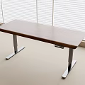 Simple Wooden Desk With Metal Legs By Window With White Blinds Design