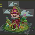 Fairy Tale Style Cottage With Blue Roof Red Brick Walls Wooden Beams Pine Trees And Clouds