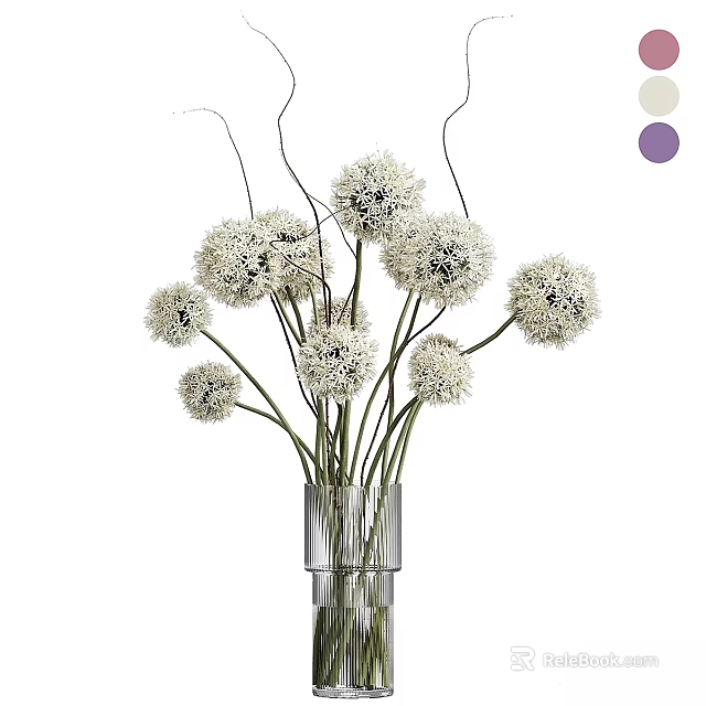 Simple Decorative Ornament Set With White Spherical Flowers In Clear Glass Vase And Color Samples 3d model 