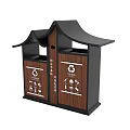 Public Facility Double Compartment Sorting Trash Bin With Roof Wood Grain Panel And Recycling Icons