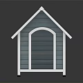 Blue Wooden Dog House With White Trim Gray Roof and Arch Doorway Design