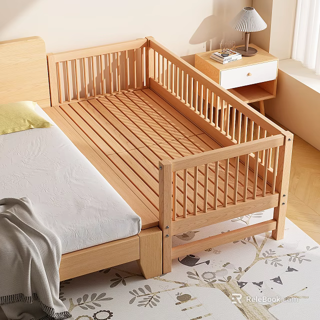 Wooden Kids Bed With Guardrails Light Colored Mattress Side Nightstand And Natural Light 3d model 