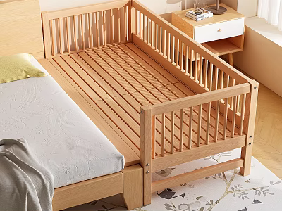 Wooden Kids Bed With Guardrails Light Colored Mattress Side Nightstand And Natural Light 3d model