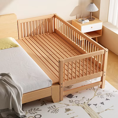Wooden Kids Bed With Guardrails Light Colored Mattress Side Nightstand And Natural Light 3d model