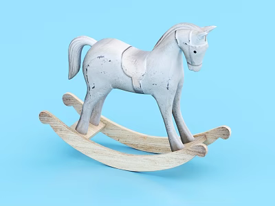 Building Blocks Constructed Silver Rocking Horse with Wooden Base on Blue Background 3d model