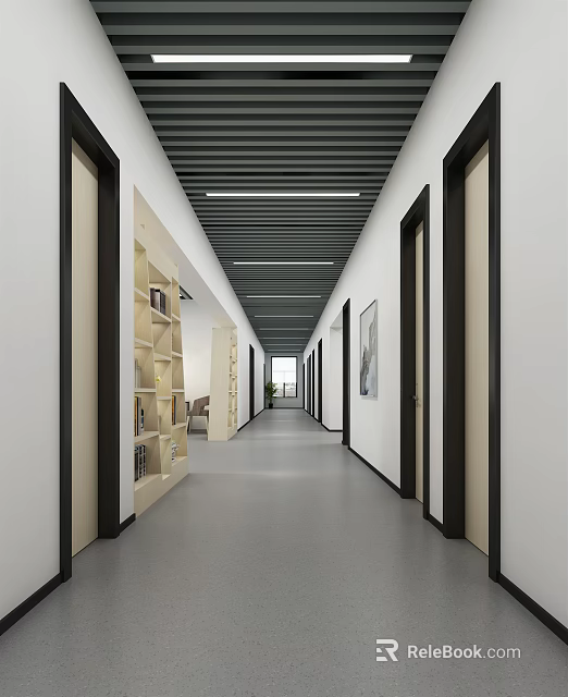 Modern Office Hallway With White Walls Black Door Frames Ceiling Lights Gray Flooring And Shelves 3d model 