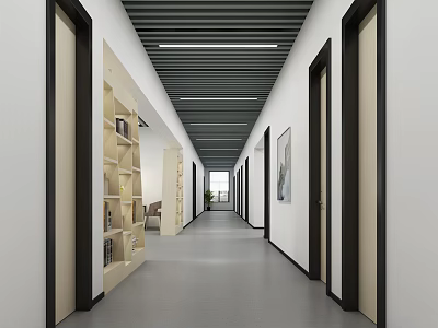Modern Office Hallway With White Walls Black Door Frames Ceiling Lights Gray Flooring And Shelves 3d model