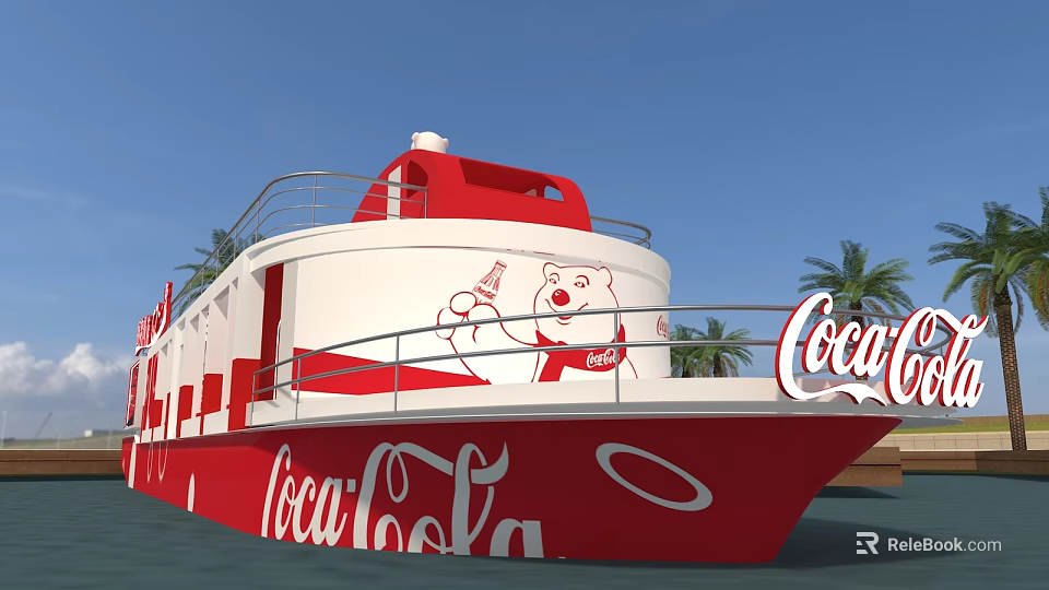 Red and White Coca-Cola Ship With Cartoon Bear Design And Palm Trees 3d model 