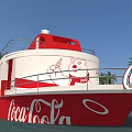 Red and White Coca-Cola Ship With Cartoon Bear Design And Palm Trees