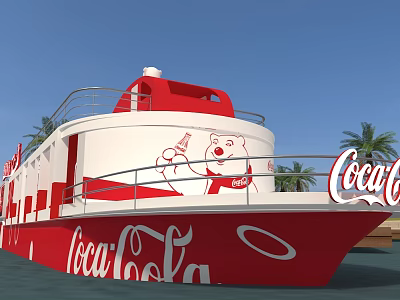 Red and White Coca-Cola Ship With Cartoon Bear Design And Palm Trees 3d model