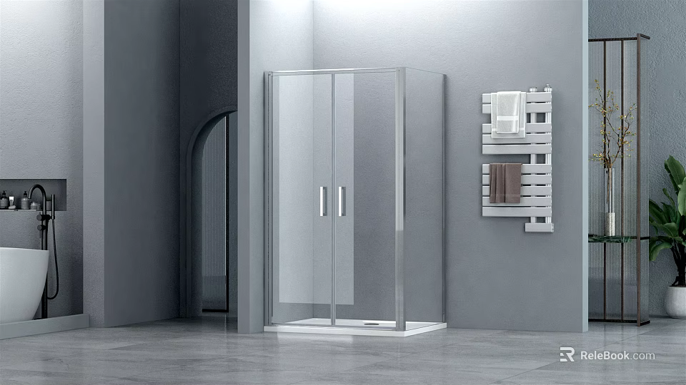 Modern Shower Sauna Design With Transparent Glass Double Door And Metal Shelf 3d model 