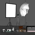 Projection Monitoring Setup With Screen Cameras Tripod Photography Umbrella And Equipment Cases