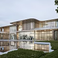 Elegant Modern Sales Office Building Featuring Glass Curtain Wall Water Pool And Reflection 3d model