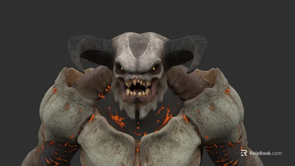 Game Movie Character With Horned Skeleton Head Rocky Body And Orange Lava 3d model 
